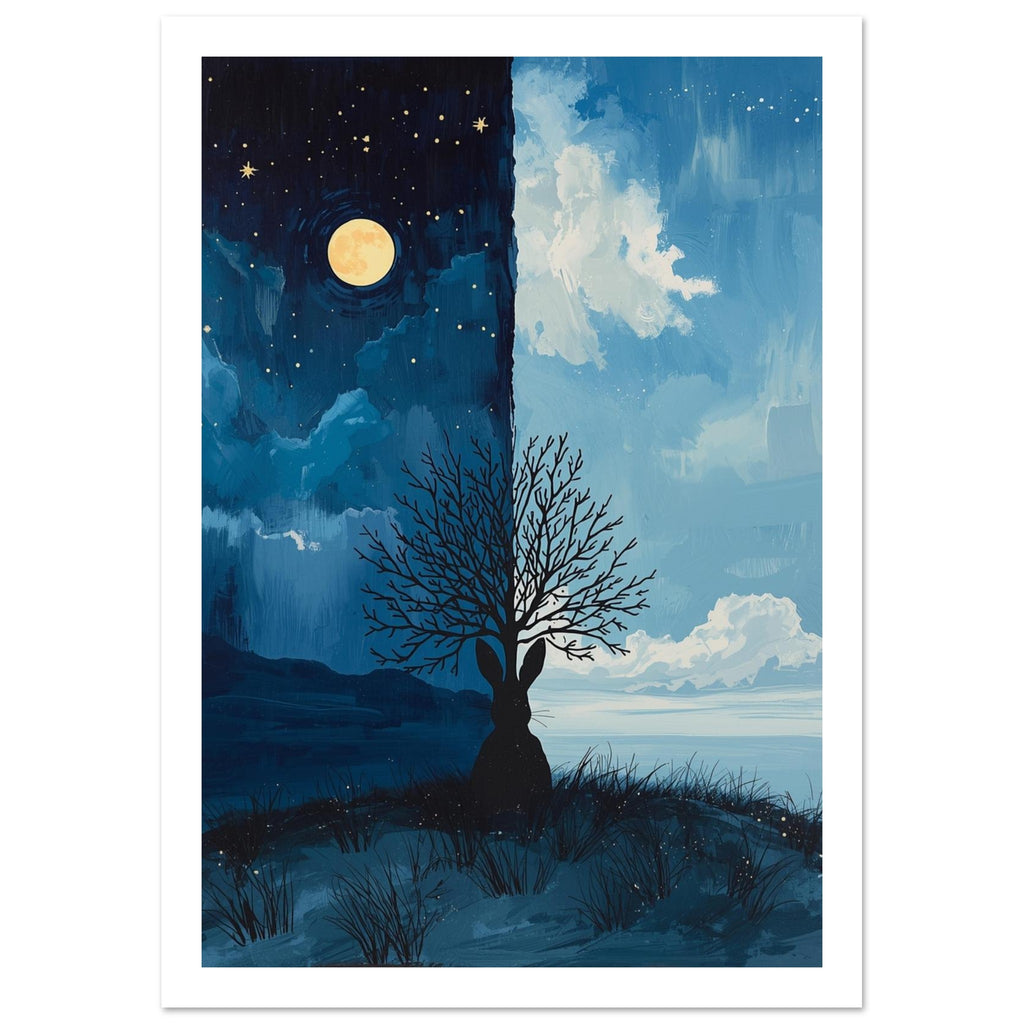 Hare silhouette beneath a bare tree against a split sky, with moon and stars on the left and blue daylight on the right.