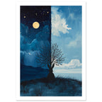 Hare silhouette beneath a bare tree against a split sky, with moon and stars on the left and blue daylight on the right.