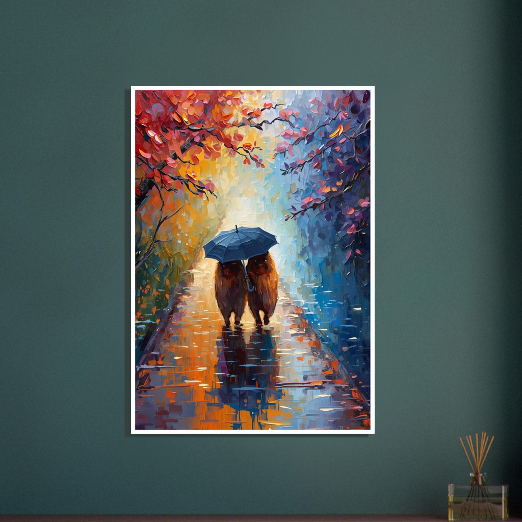Two capybaras beneath a blue umbrella on a reflective wet path, framed by red and orange leaves in a painterly scene.