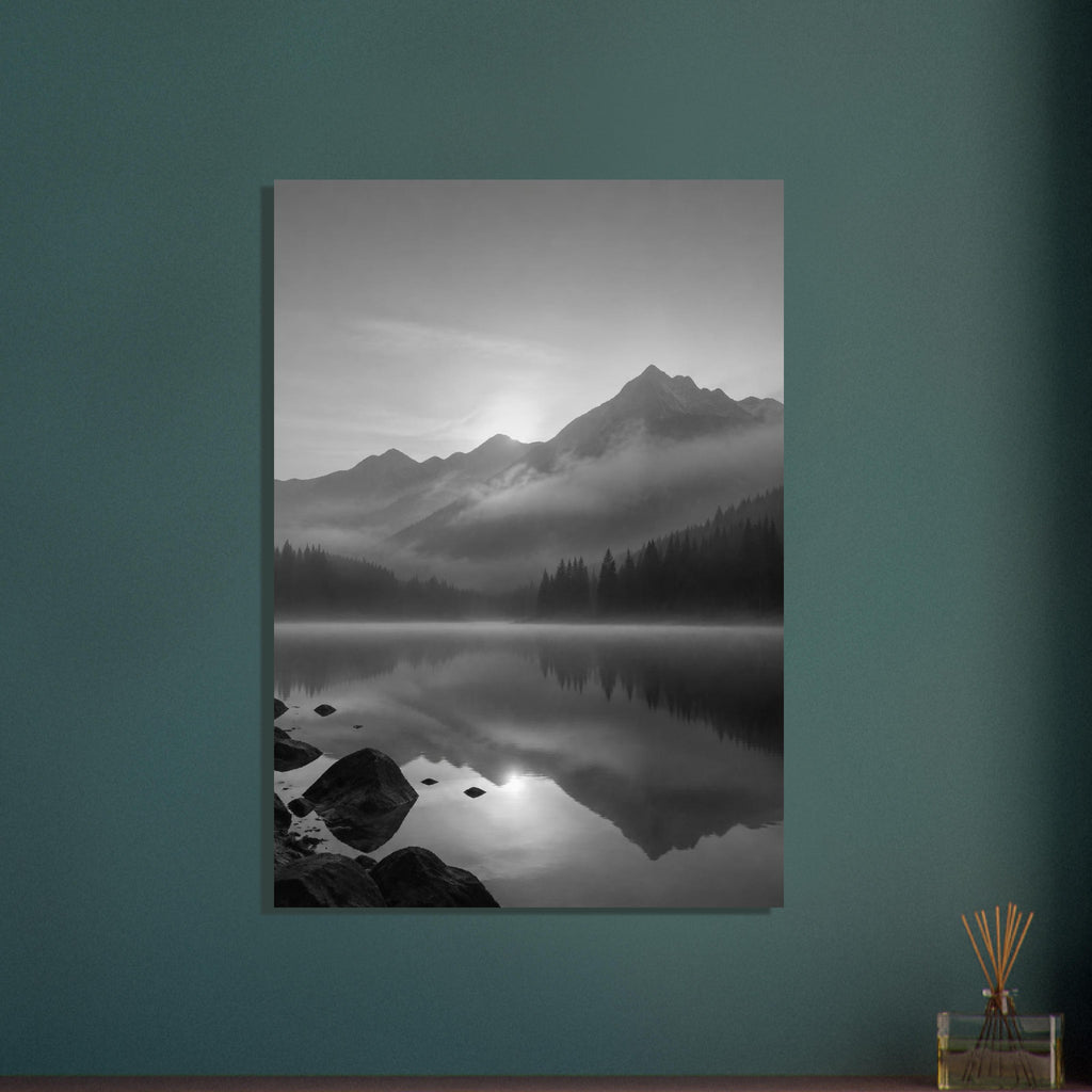 Mountain peaks and conifer forests reflected in a misty lake, with rocks in the foreground, in black and white.