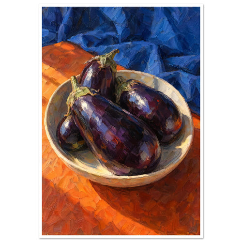 Purple aubergines in a shallow cream bowl on an orange surface, with folded blue fabric and bold visible brushstrokes.
