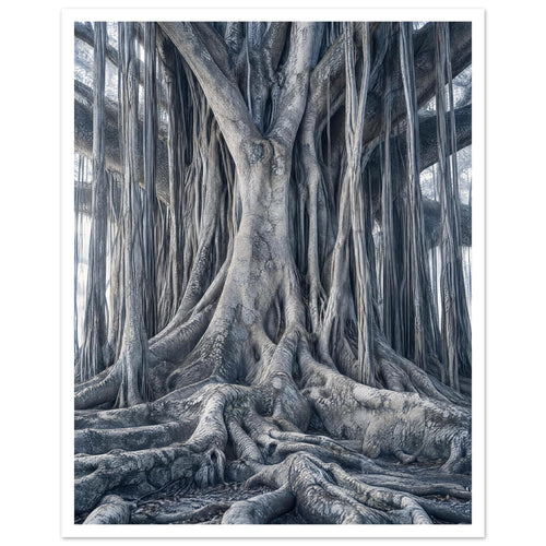 Banyan tree with intertwined trunks, hanging aerial roots and thick spreading roots in muted blue-grey tones.