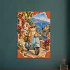 Ginger cat in sunglasses and a scarf on a blue scooter, with lemons, flowers, coastal buildings and sailboats behind.