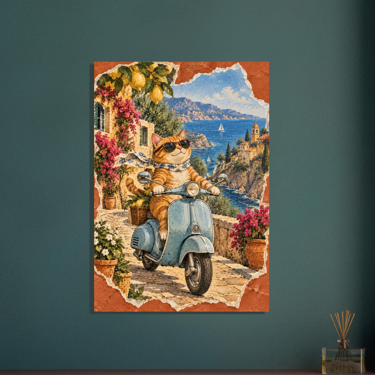 Ginger cat in sunglasses and a scarf on a blue scooter, with lemons, flowers, coastal buildings and sailboats behind.