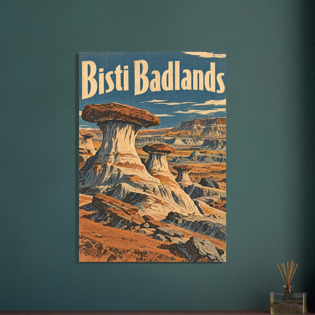 Bisti Badlands lettering above illustrated desert rock pillars and layered ridges in rusty orange, cream and teal.
