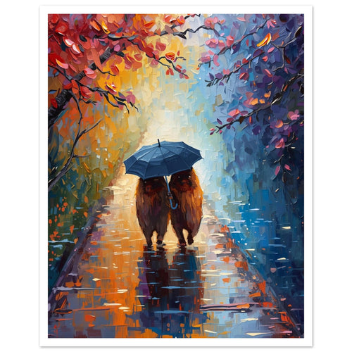 Two capybaras beneath a blue umbrella on a reflective wet path, framed by red and orange leaves in a painterly scene.