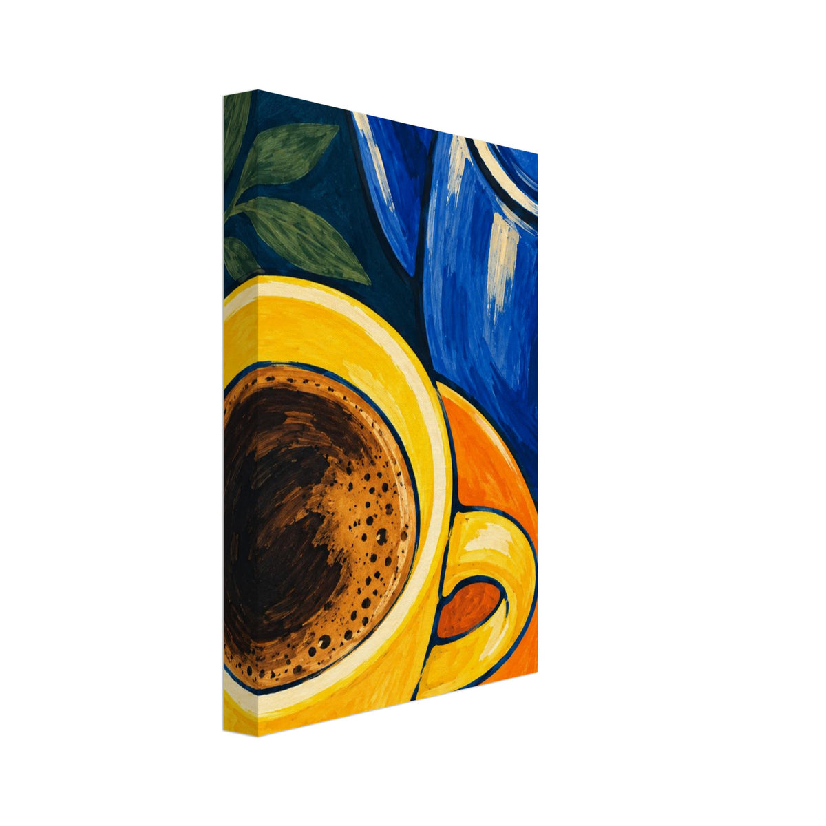 Yellow cup of dark coffee on an orange saucer beside a blue pot and green leaves against a deep teal background.