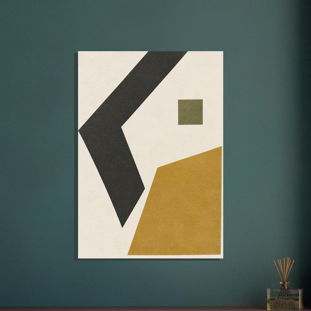 Charcoal angular band, ochre polygon and small olive square on a textured cream background.