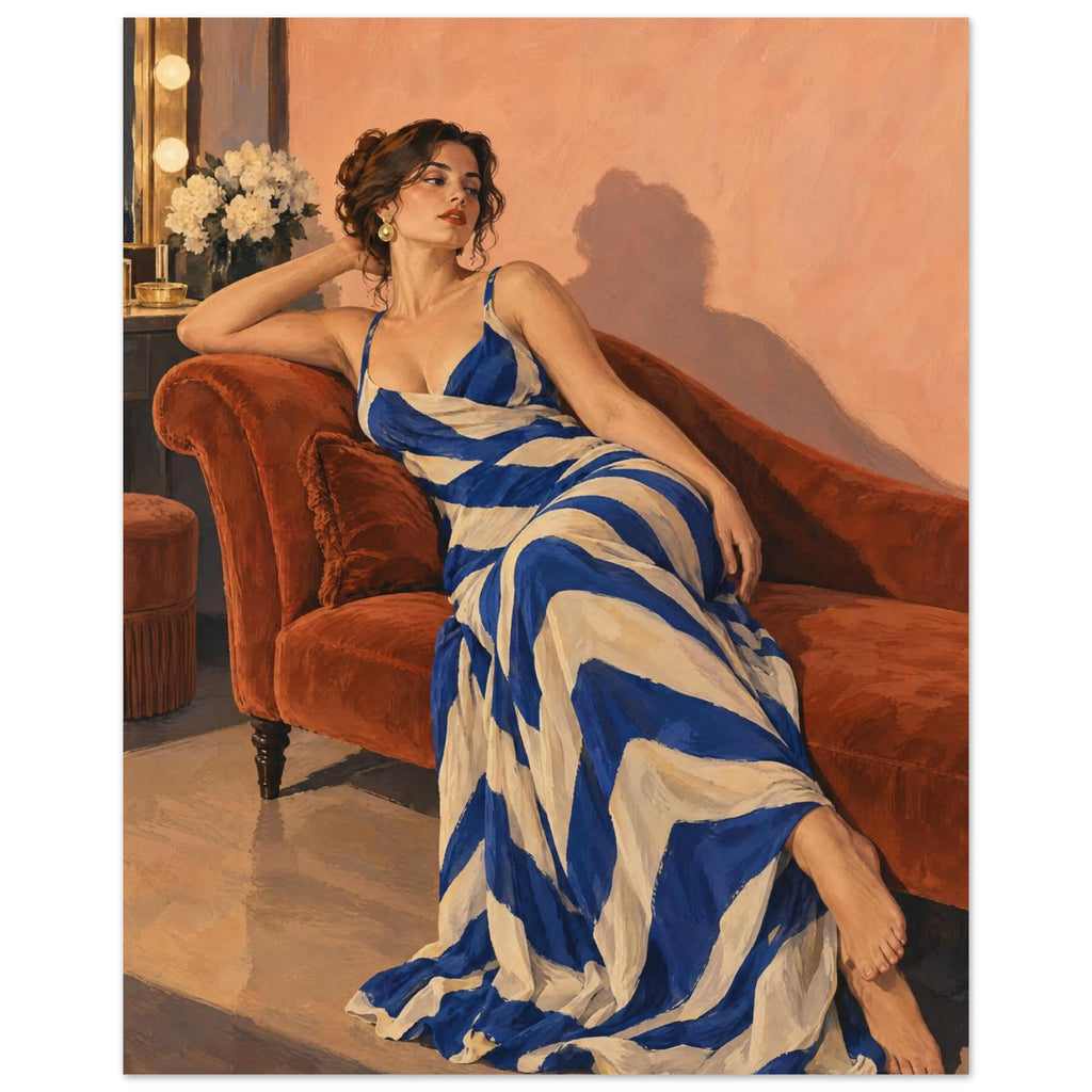 Stripes After Sunset shows a reclining woman in a cobalt-and-cream striped dress on a rust chaise against a peach wall.