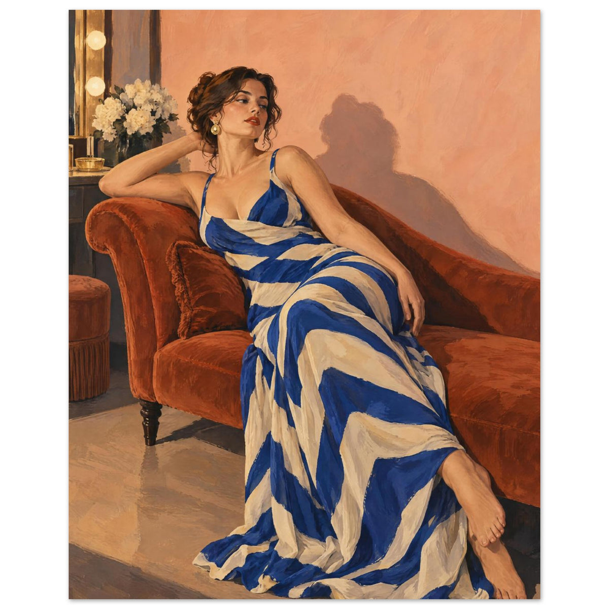 Stripes After Sunset shows a reclining woman in a cobalt-and-cream striped dress on a rust chaise against a peach wall.