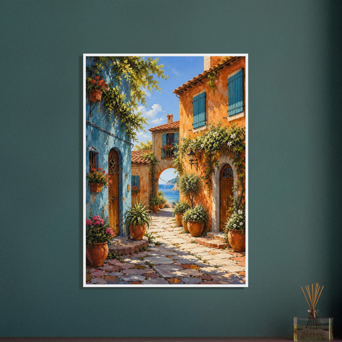 Coastal village lane with blue and orange buildings, potted flowers and a stone archway opening onto a sea view.