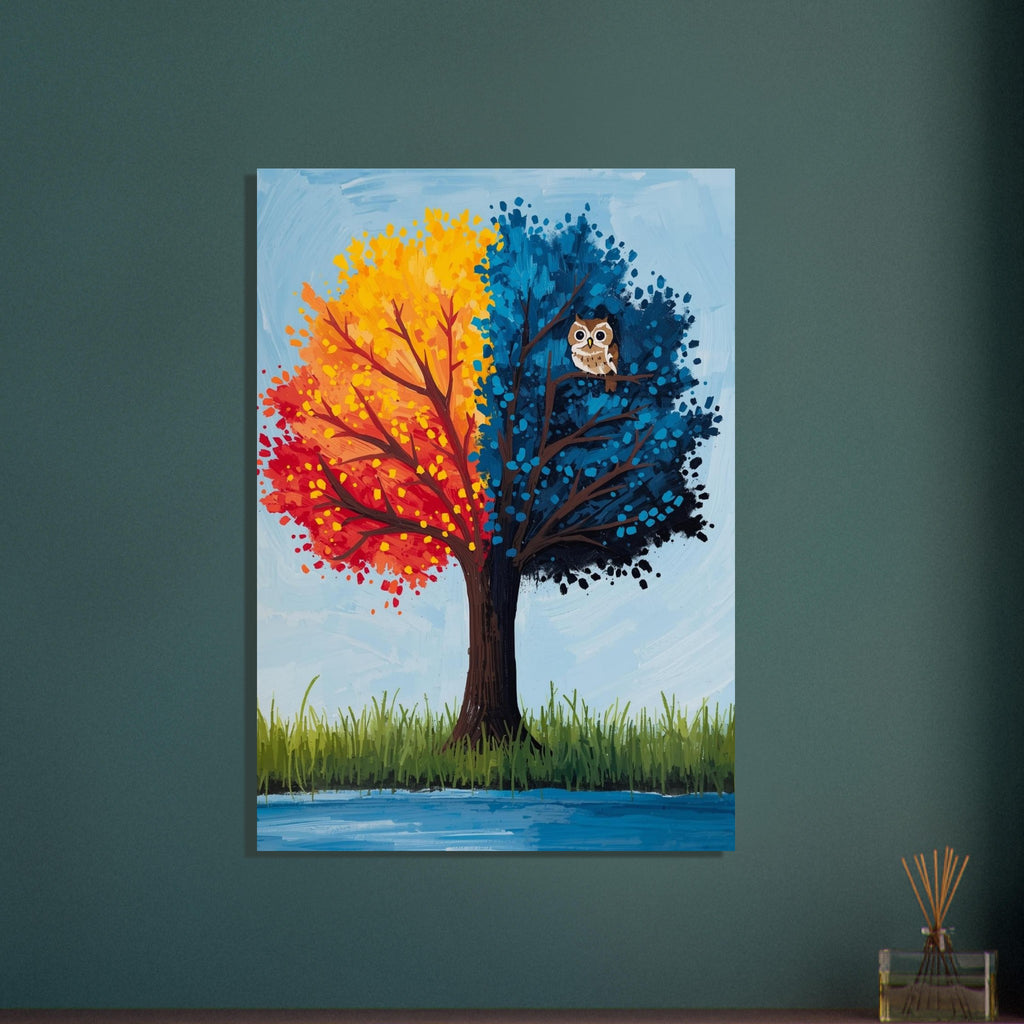 Tree with red, orange and yellow foliage on the left, blue foliage and a perched owl on the right, against pale blue.