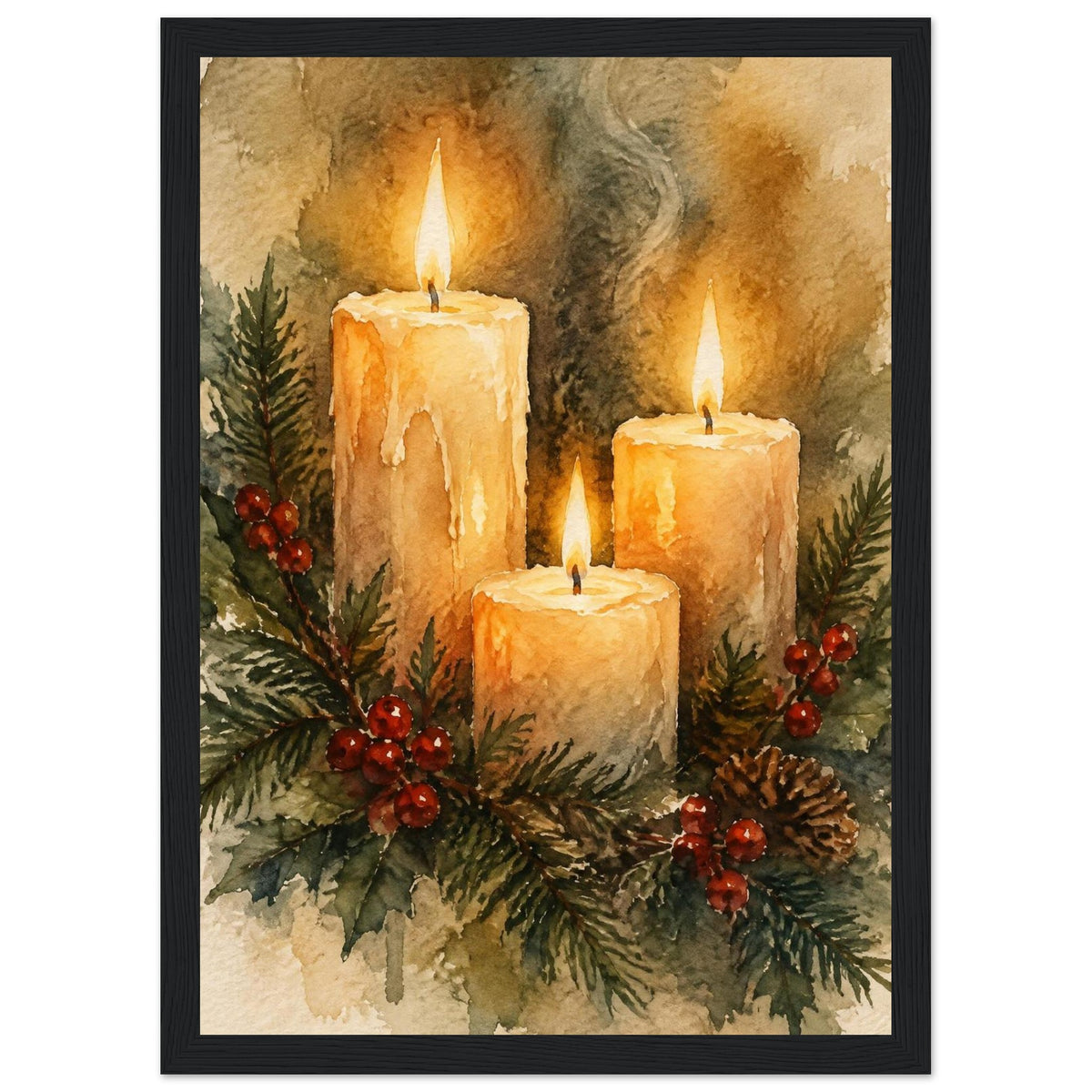 Watercolour painting of three lit advent candles with spruce sprigs and red berries