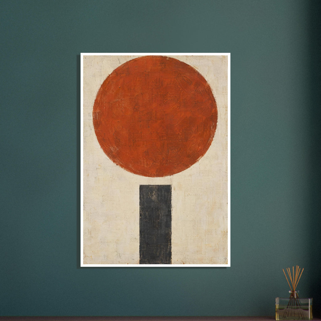 Large textured terracotta circle above a narrow charcoal rectangle on a distressed cream background.