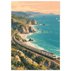 Train curving along coastal cliffs above turquoise sea, with sandy coves, green hills and sailboats beneath a peach sky.