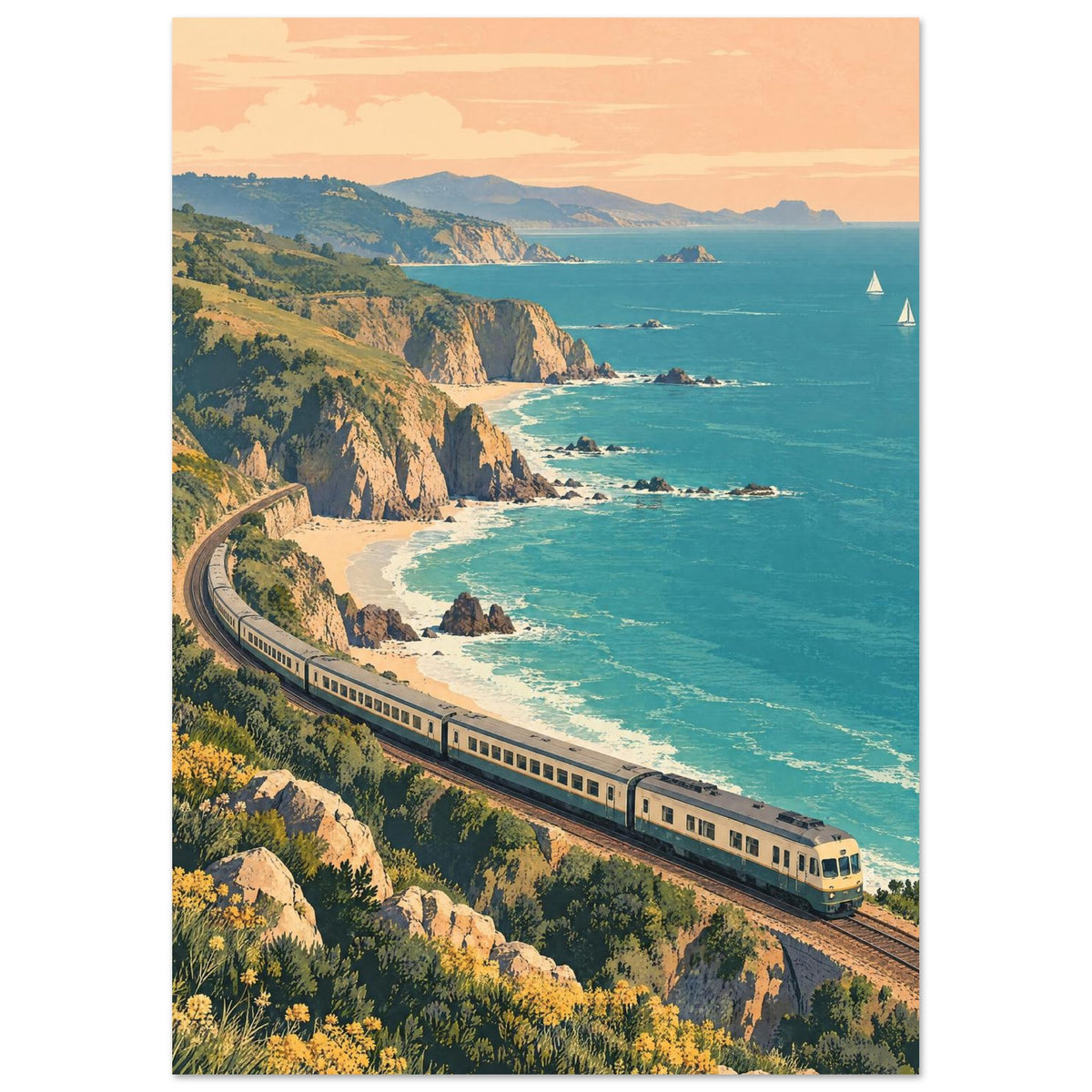 Train curving along coastal cliffs above turquoise sea, with sandy coves, green hills and sailboats beneath a peach sky.