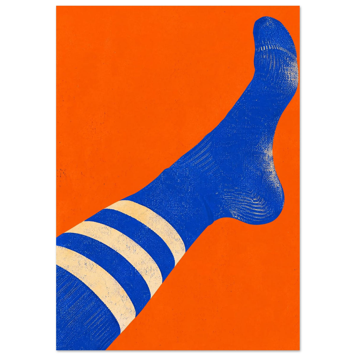 Blue sock with three cream stripes stretching diagonally across an orange background, with a distressed texture.