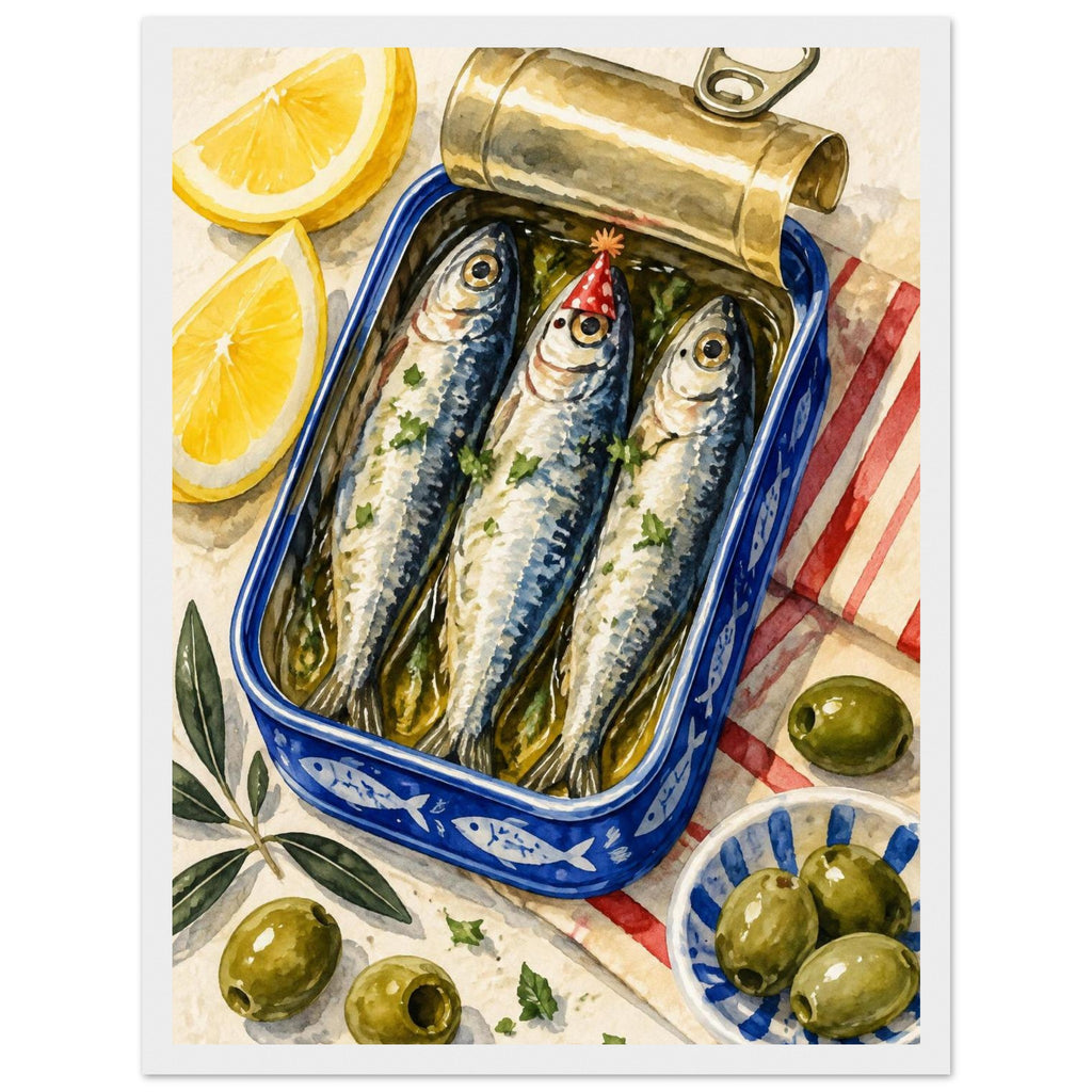 Three sardines in an open blue tin, one wearing a red party hat, surrounded by lemon wedges, olives and striped cloth.