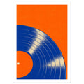 Blue vinyl record cropped at the left and bottom, with cream groove highlights against a bright orange background.