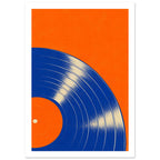 Blue vinyl record cropped at the left and bottom, with cream groove highlights against a bright orange background.