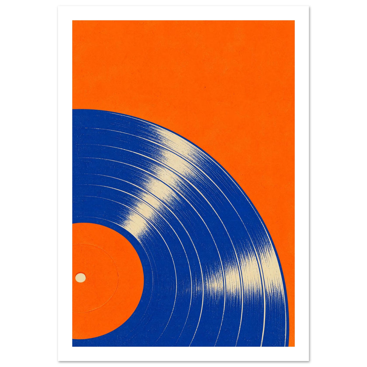 Blue vinyl record cropped at the left and bottom, with cream groove highlights against a bright orange background.