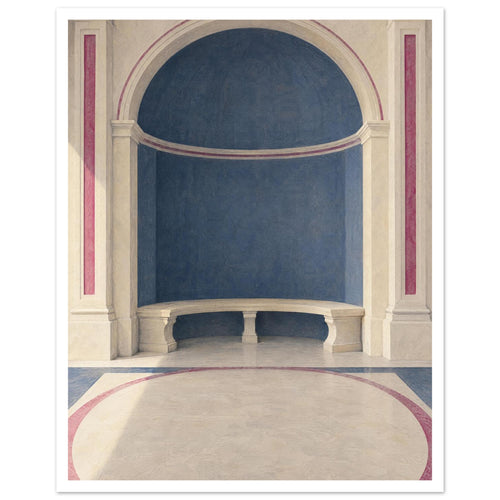 Blue arched alcove with a curved cream stone bench, classical columns and rose-coloured borders across the floor.