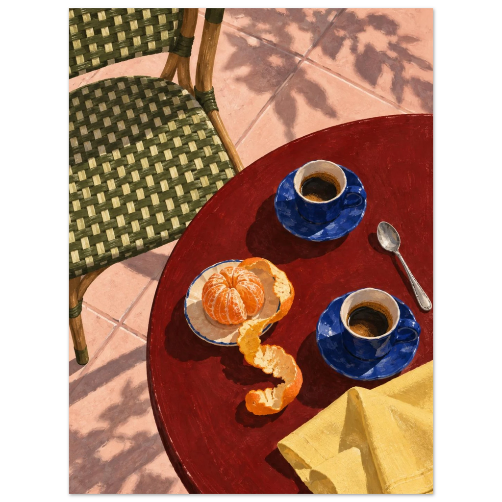 Two blue coffee cups, a peeled orange, spoon and yellow cloth on a red table beside a green woven chair and pink tiles.