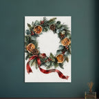 Watercolour Christmas wreath of spruce, eucalyptus, dried oranges and a red ribbon