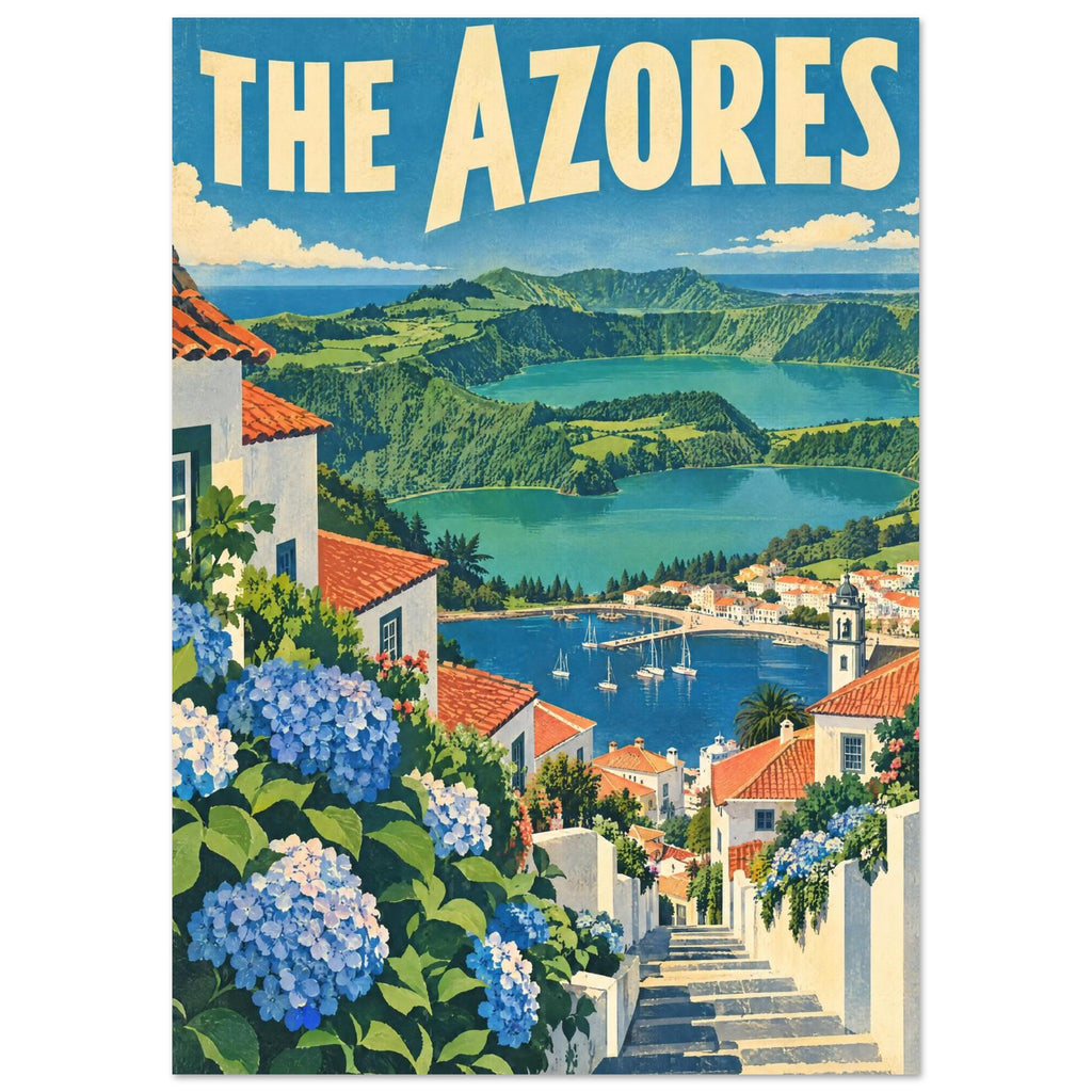 The Azores travel poster with blue hydrangeas, hillside steps, white houses, a harbour and green hills surrounding lakes.