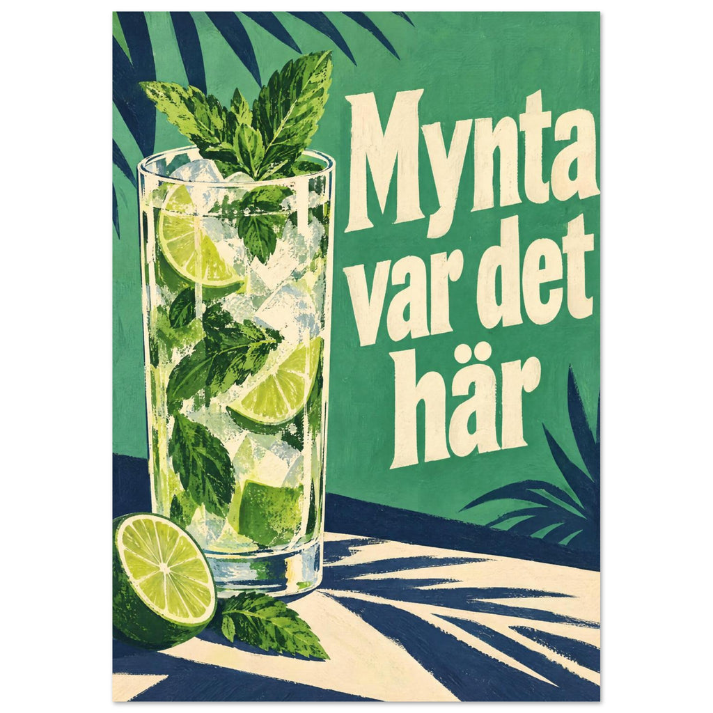Mojito i ett högt glas med mynta, lime och is bredvid texten Mynta var det här på mintgrön och marinblå botten.