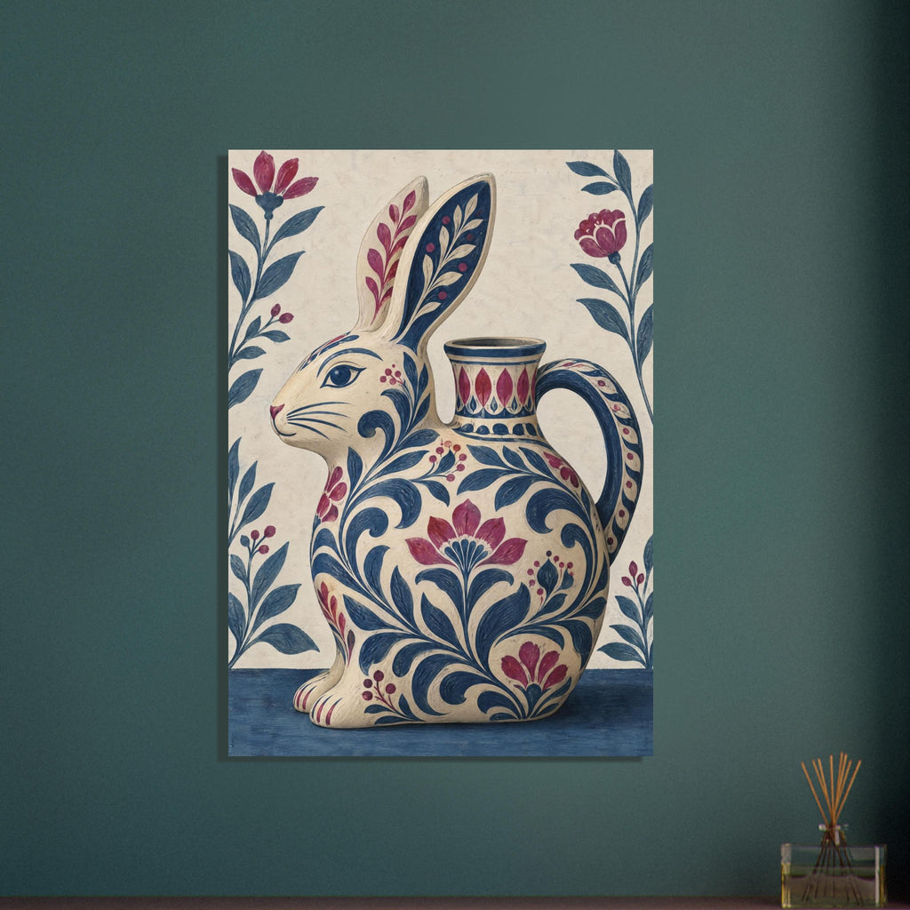 Rabbit-shaped jug decorated with blue leaves and burgundy flowers, surrounded by floral stems on a cream background.