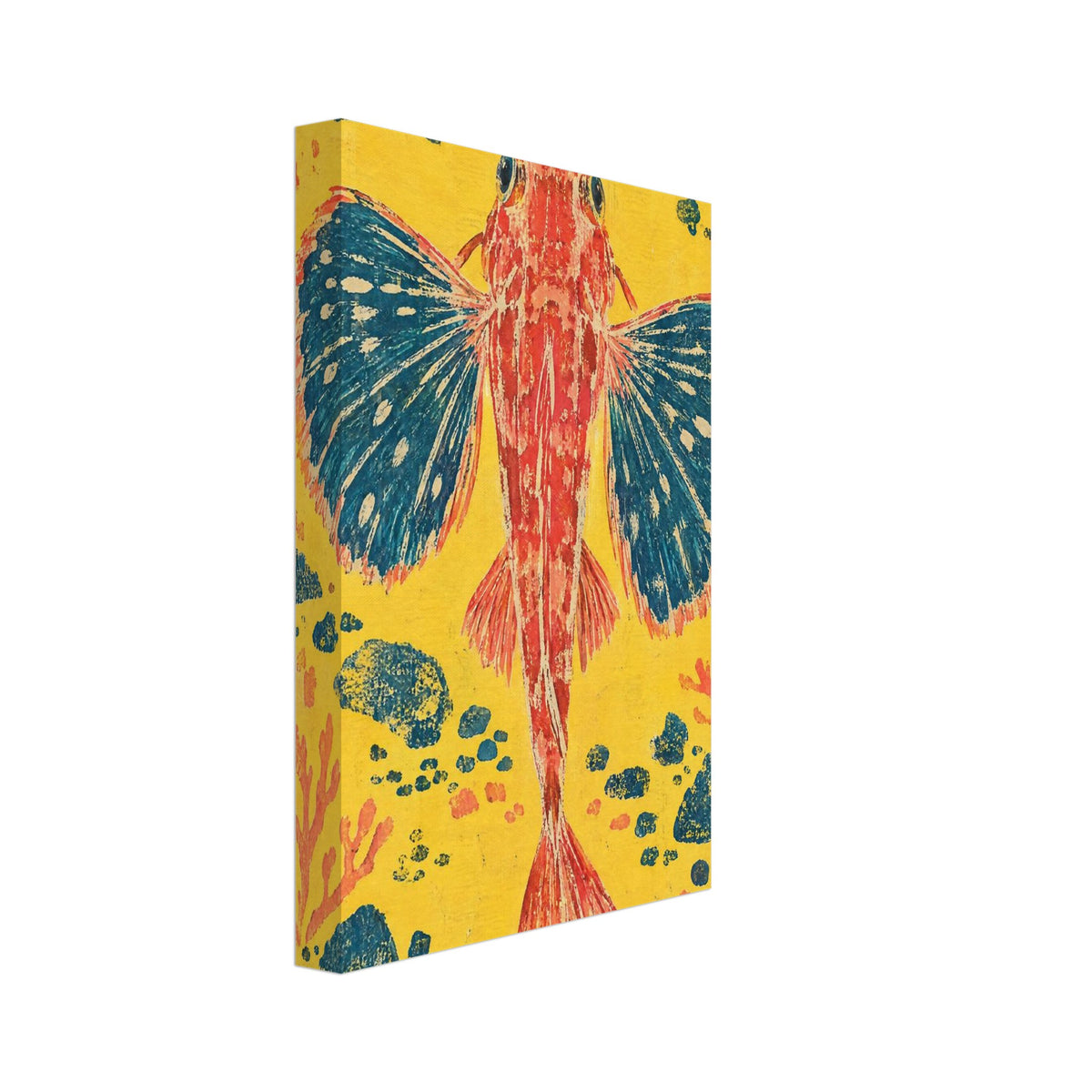 Red gurnard fish with wide teal fins on a yellow background, surrounded by dark rocks and orange coral shapes.