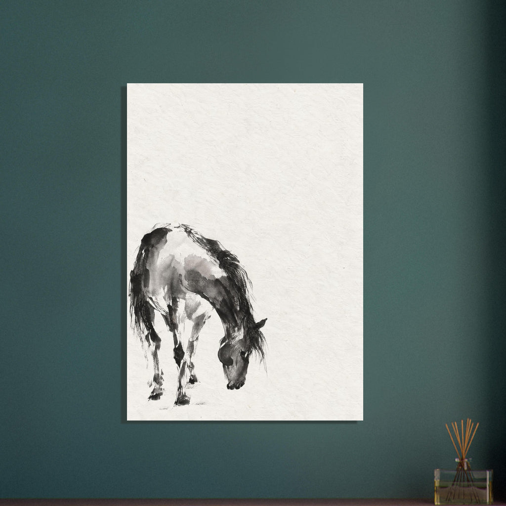 Horse with its head lowered, painted in black and grey washes at the lower left of a textured cream background.