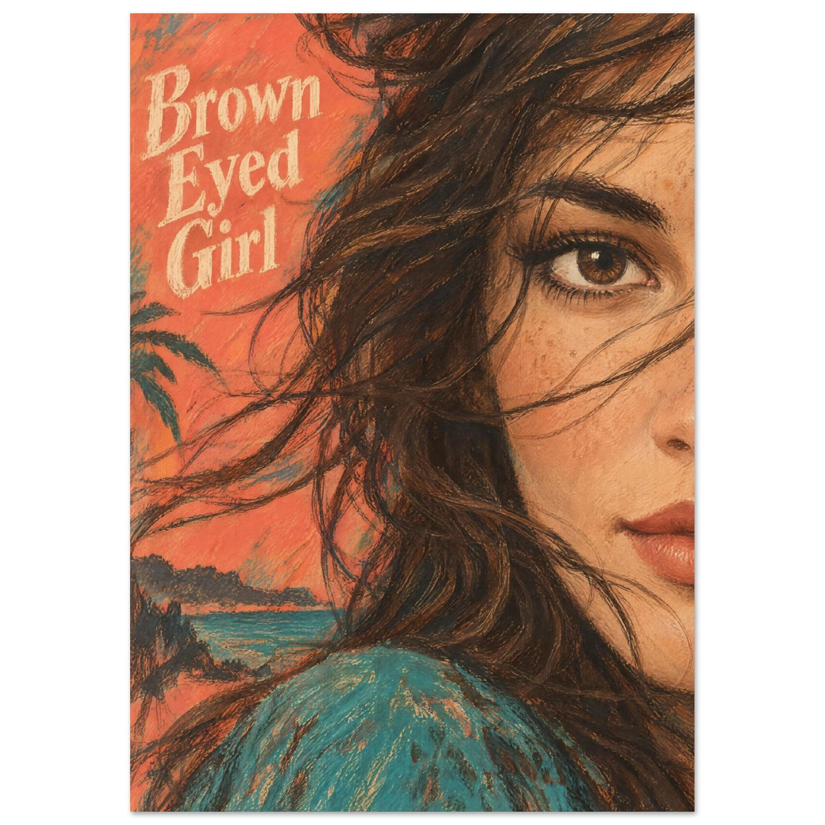 Brown-eyed woman with flowing dark hair and teal clothing against a coral background with “Brown Eyed Girl” lettering.