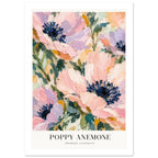 Pink and lilac anemones with navy centres and green foliage, above the words ‘POPPY ANEMONE’ and ‘Anemone coronaria’.