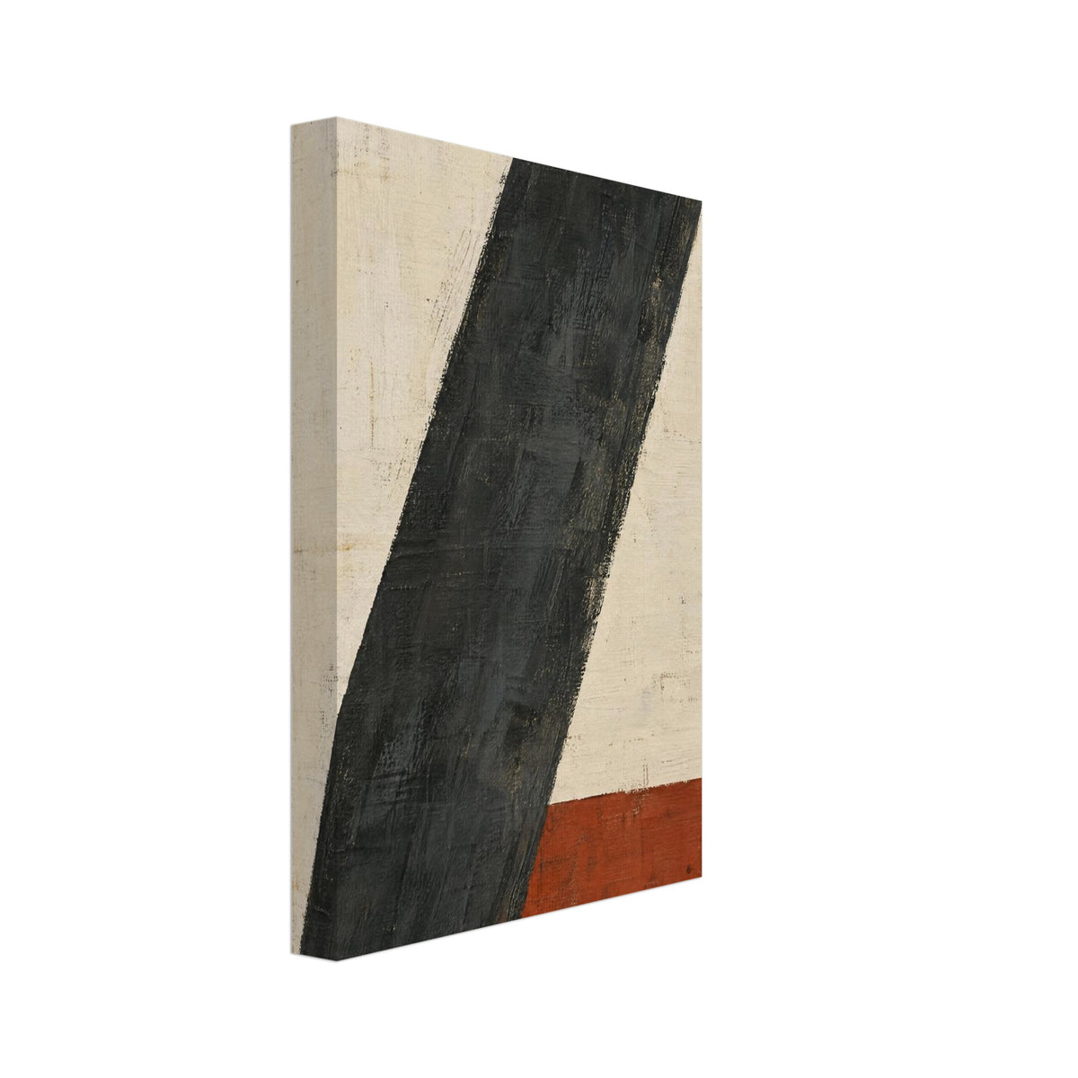 Broad charcoal diagonal stripe across a textured cream background, with a rust-red rectangular block at the lower right.