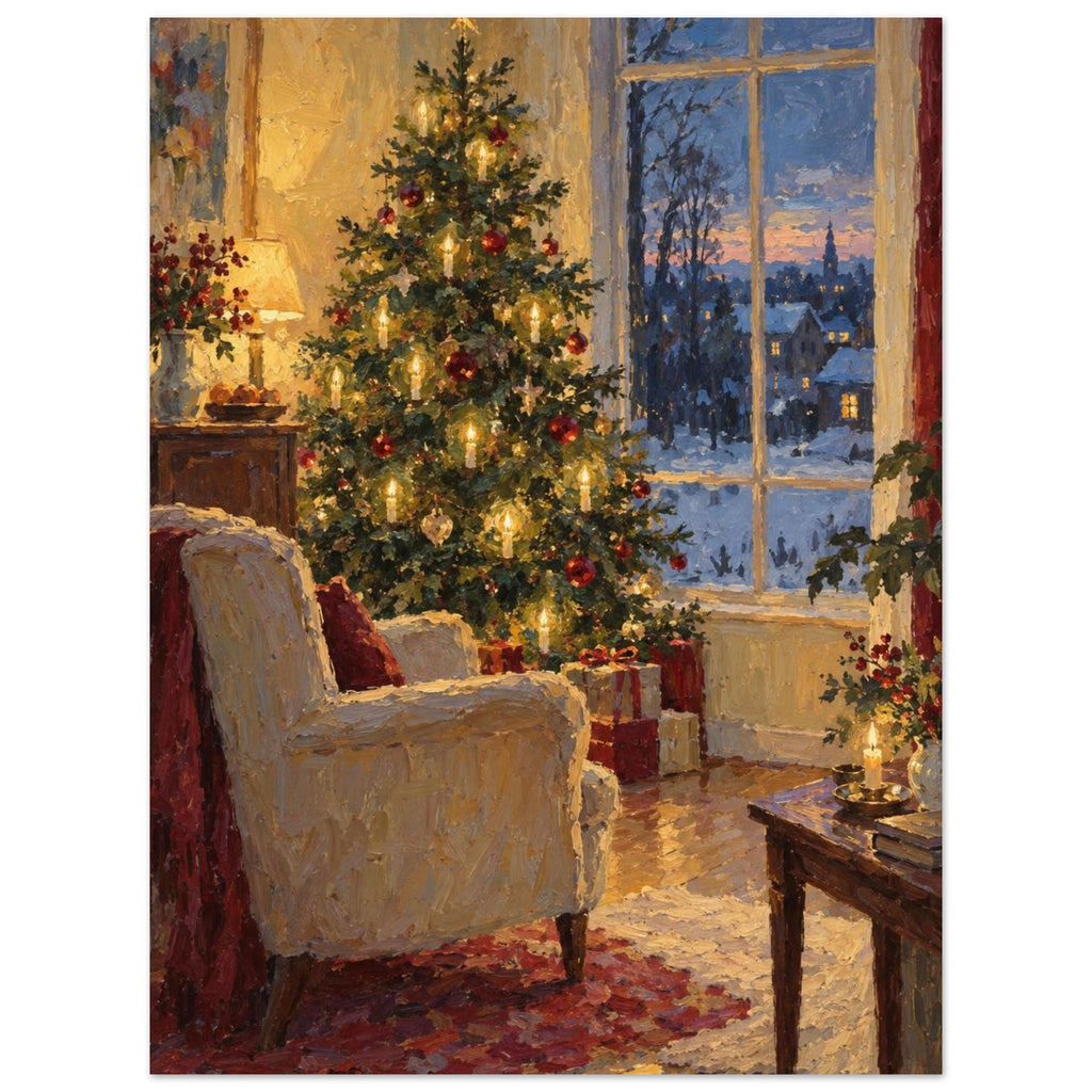 Christmas Eve by the Window shows a glowing tree and empty armchair beside a tall window, painted with thick contours and sma