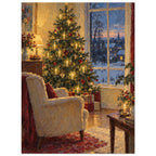 Christmas Eve by the Window shows a glowing tree and empty armchair beside a tall window, painted with thick contours and sma