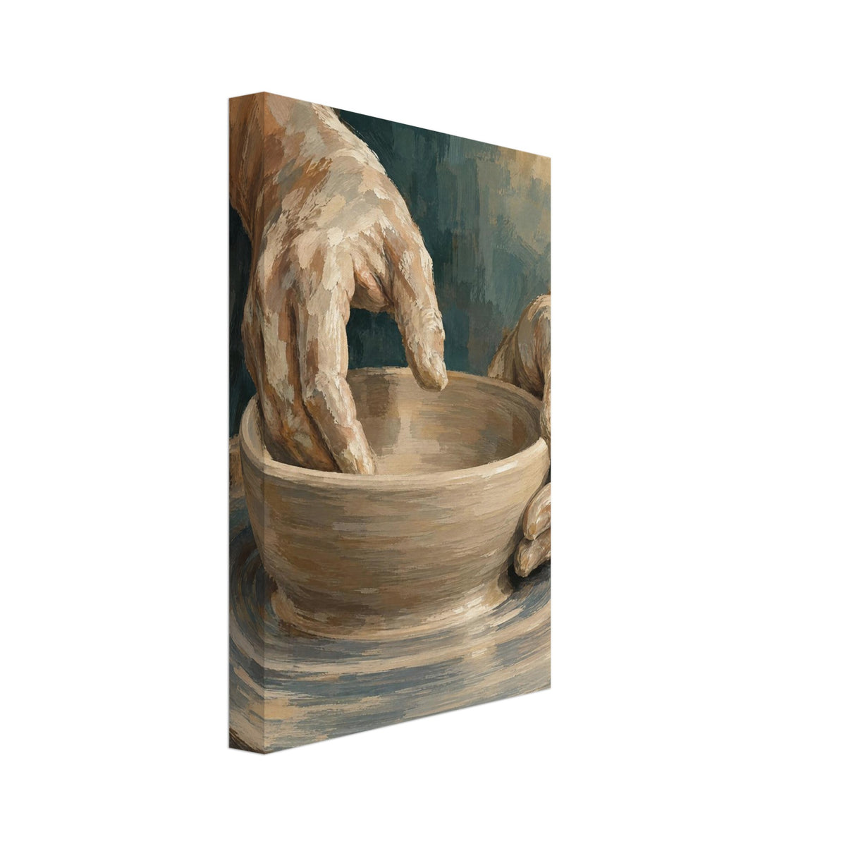 Clay-covered hands shaping a beige bowl on a potter’s wheel, painted with textured brushstrokes against muted teal.