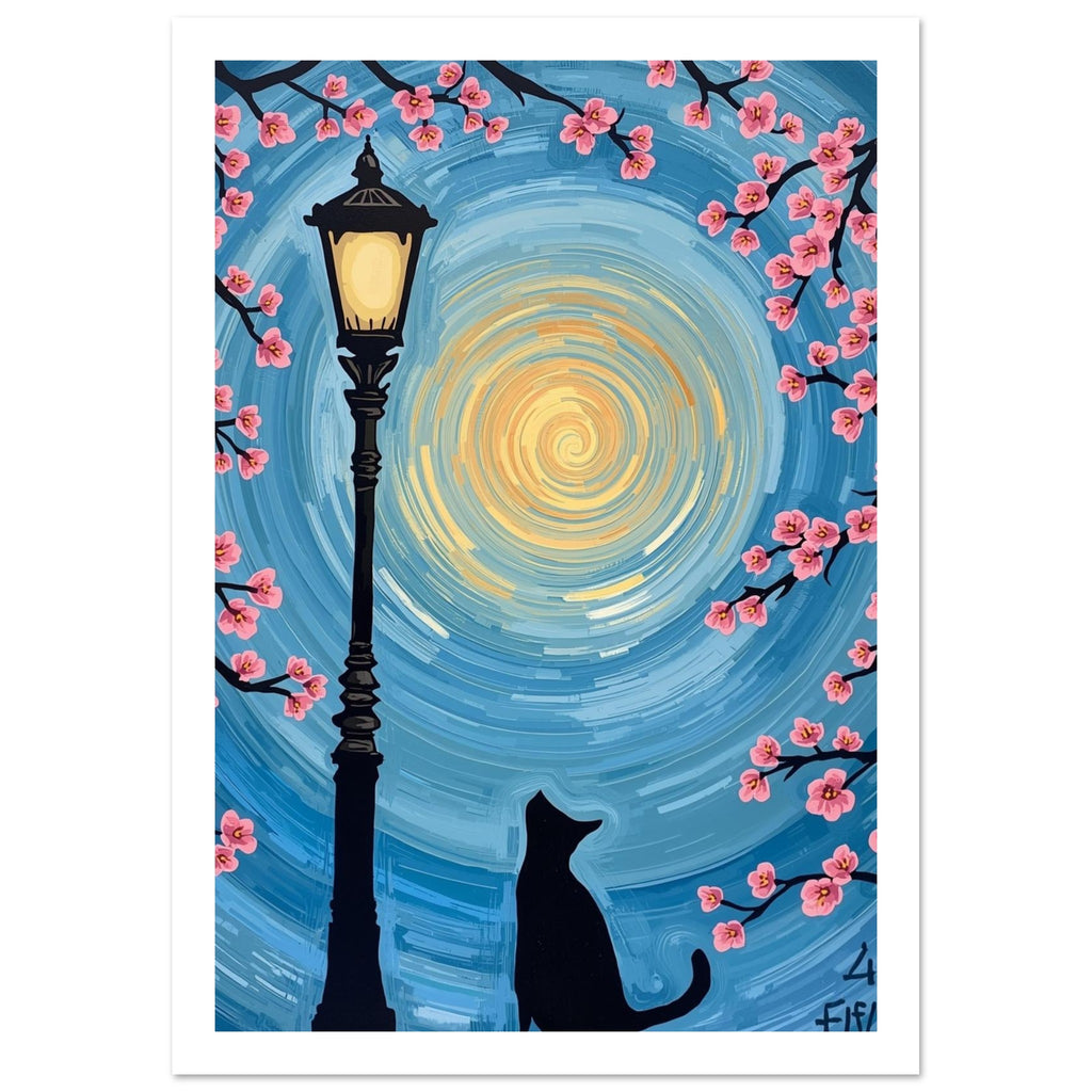 Black cat beside a glowing street lamp, framed by pink blossom branches against a swirling blue and yellow sky.