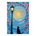 Black cat beside a glowing street lamp, framed by pink blossom branches against a swirling blue and yellow sky.
