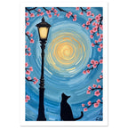 Black cat beside a glowing street lamp, framed by pink blossom branches against a swirling blue and yellow sky.
