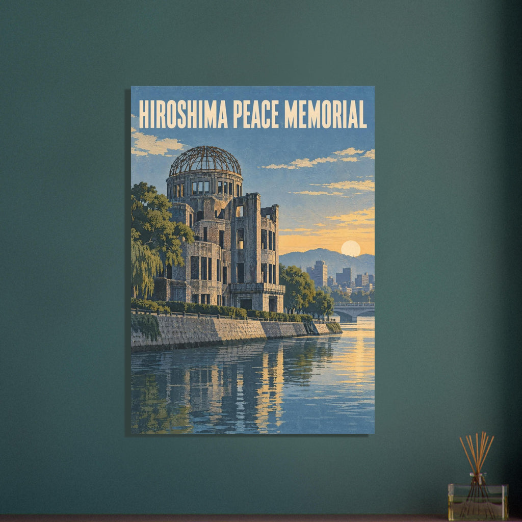 Hiroshima Peace Memorial beside a river, with trees, a low golden sun and cream lettering across a blue sky.