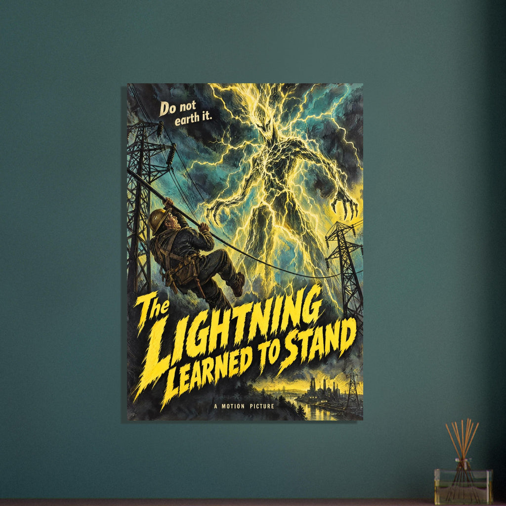 Lightning monster towers over a worker on a cable amid pylons, with yellow ‘The Lightning Learned to Stand’ lettering.