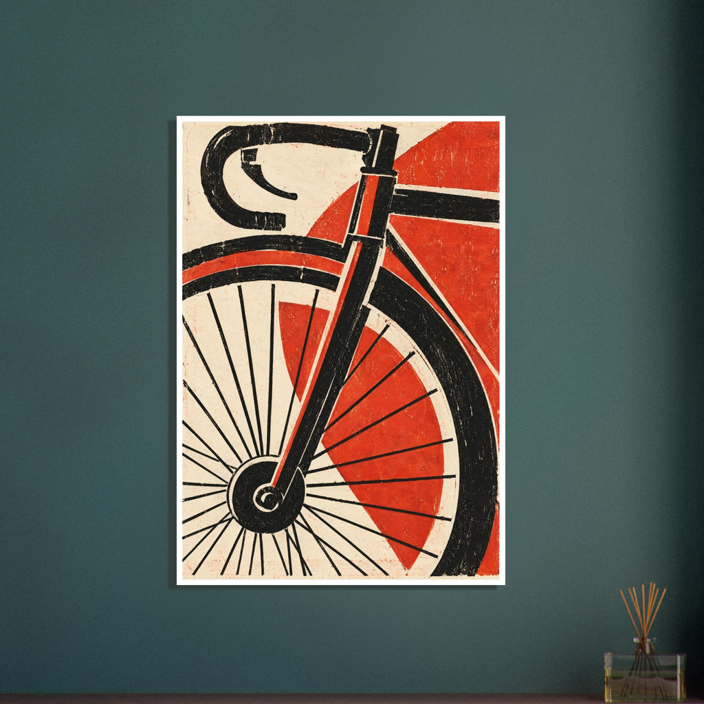 Bicycle front wheel, fork and drop handlebar in black against red geometric shapes and a distressed cream background.