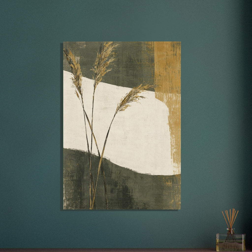 Three feathery reed stems against textured olive green, cream and ochre abstract colour blocks.