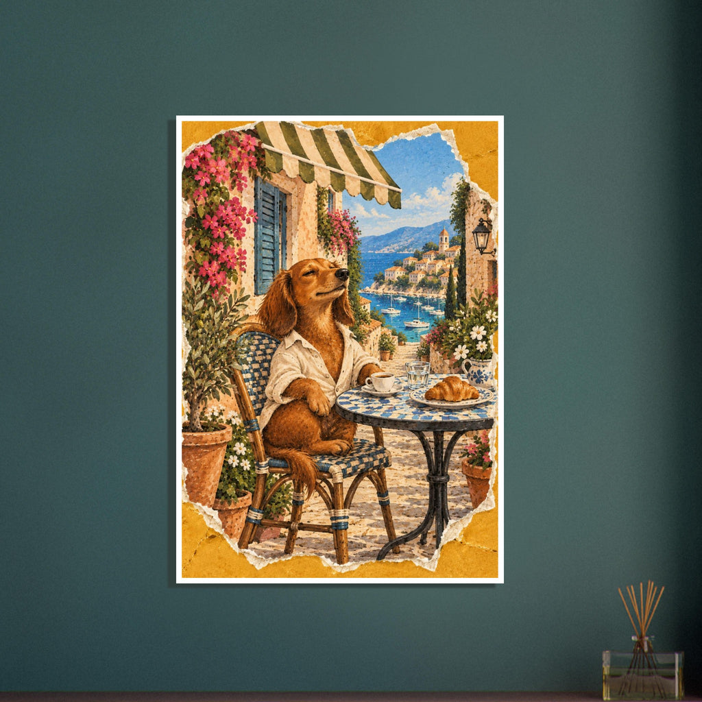 Dachshund in a white shirt at a café table with coffee and a croissant, overlooking a blue bay within a yellow border.