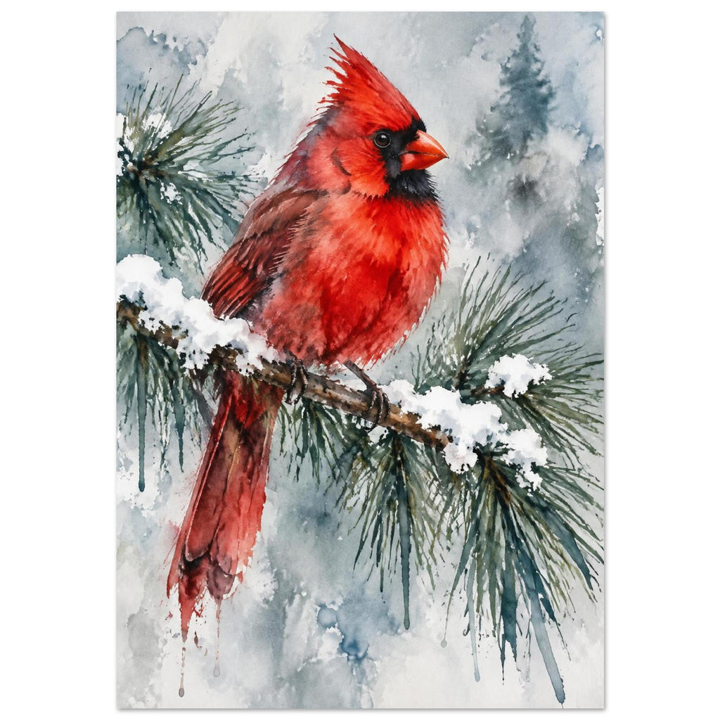 Watercolour red cardinal bird perched on a snow-covered pine branch