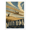 Biplane flying low over sandy dunes beside a running figure, with bold Kitty Hawk lettering and the date 17 December 1903.