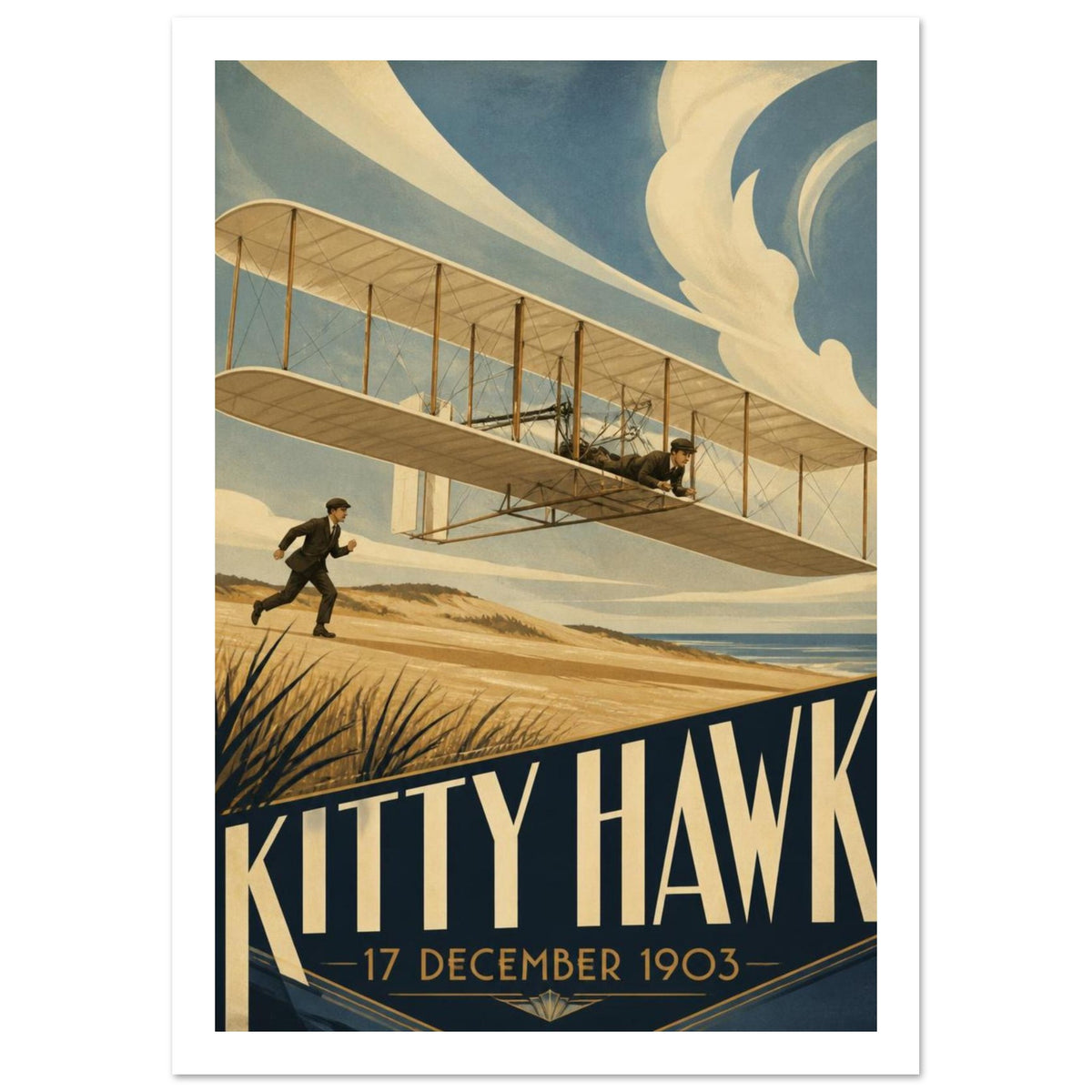 Biplane flying low over sandy dunes beside a running figure, with bold Kitty Hawk lettering and the date 17 December 1903.